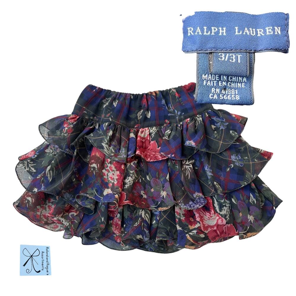 Ralph Lauren Floral Plaid Printed Tiered Skirt Kids Sz 3/3T
